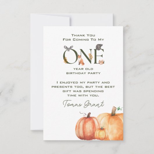 Kleine pompoen eerste verjaardag bedankje bedankkaart (Voorkant)