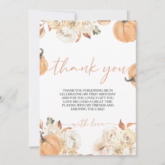 Kleine pompoen eerste verjaardag bedankje kaart (Voorkant)