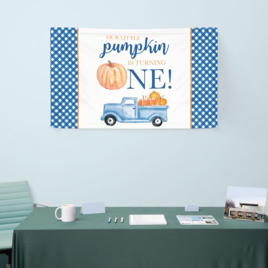 Kleine Pompoen Eerste Verjaardag blauwe vrachtwage Spandoek (Beurs)