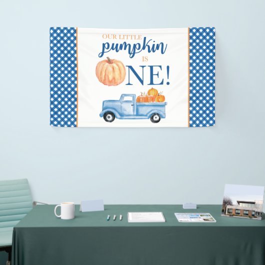 Kleine Pompoen Eerste Verjaardag blauwe vrachtwage Spandoek (Beurs)