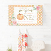 Kleine Pompoen eerste verjaardag bloemen en plaid Spandoek (Insitu)