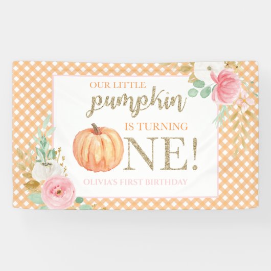 Kleine Pompoen eerste verjaardag bloemen en plaid Spandoek (Horizontaal)