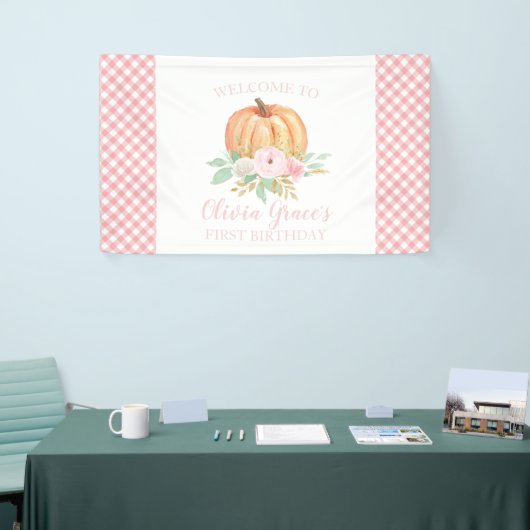 Kleine Pompoen Eerste Verjaardag bloemenroze plaid Spandoek (Beurs)