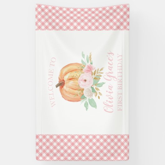 Kleine Pompoen Eerste Verjaardag bloemenroze plaid Spandoek (Verticaal)