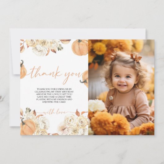 Kleine pompoen eerste verjaardag foto dank u kaart (Voorkant)