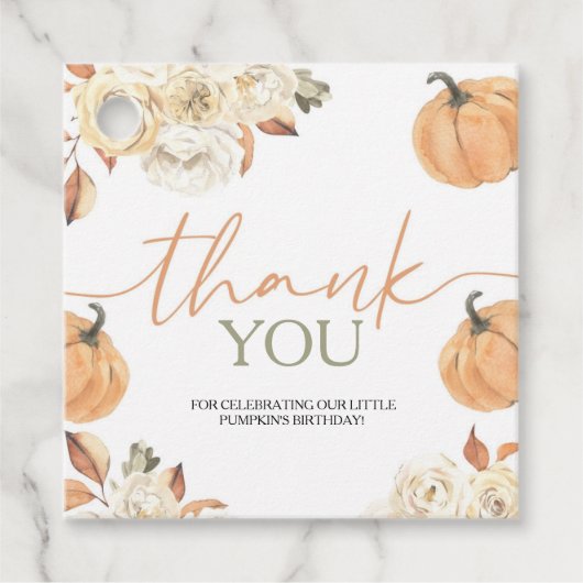 Kleine pompoen eerste verjaardag plein bedankjes labels (Voorkant)