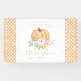 Kleine Pompoen Eerste Verjaardag roze bloemige rui Spandoek