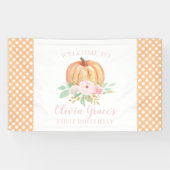 Kleine Pompoen Eerste Verjaardag roze bloemplaid Spandoek (Horizontaal)