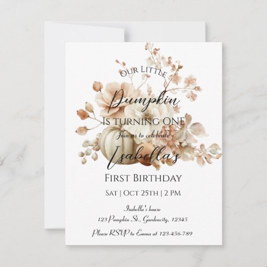 Kleine pompoen eerste verjaardag uitnodiging - Hal (Voorkant)