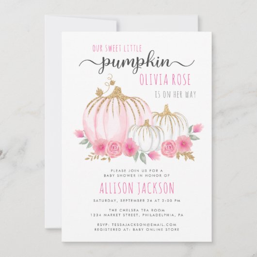 Kleine pompoen Floral Waterverf Baby Girl Shower Kaart (Voorkant)