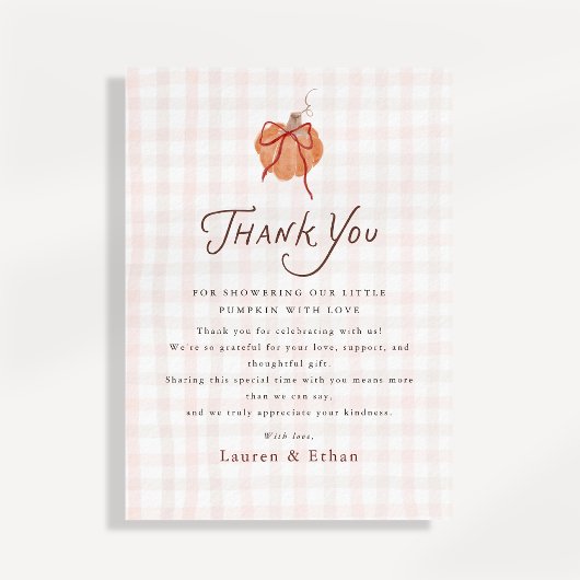Kleine Pompoen Gingham Baby Shower Bedankkaart
