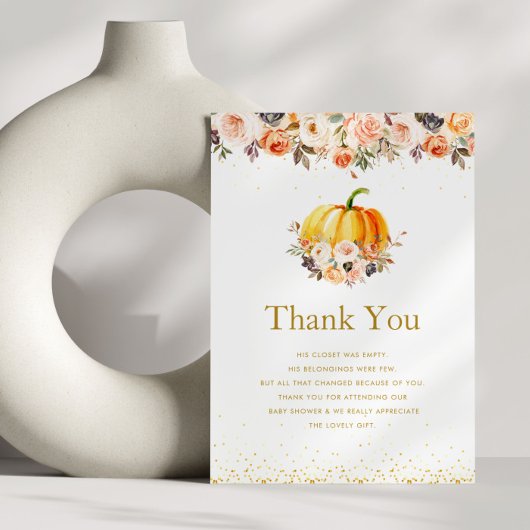 kleine pompoen goud en blos baby shower bedankkaart
