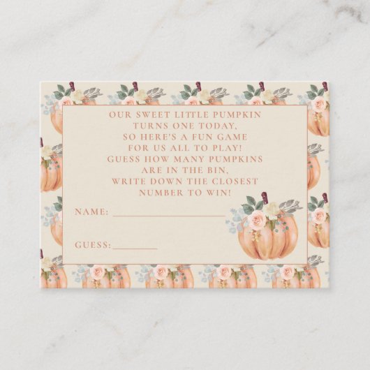 Kleine Pompoen Herfst 1e Verjaardag Gissen Spel Informatiekaartje (Voorkant)