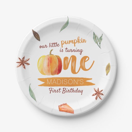 Kleine Pompoen Herfst 1e Verjaardag Papieren Bordje (Voorkant)