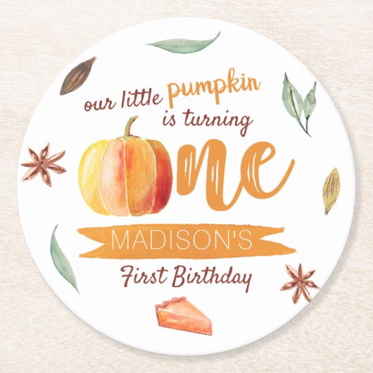 Kleine Pompoen Herfst 1e Verjaardag Ronde Kartonnen Onderzetter (Voorkant)