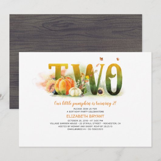 Kleine Pompoen Herfst 2e Verjaardagsfeestuitnodigi Kaart (Voorkant / Achterkant)