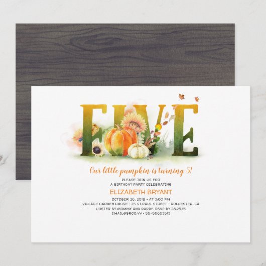 Kleine Pompoen Herfst 5e Verjaardagsfeestuitnodigi Kaart (Voorkant / Achterkant)