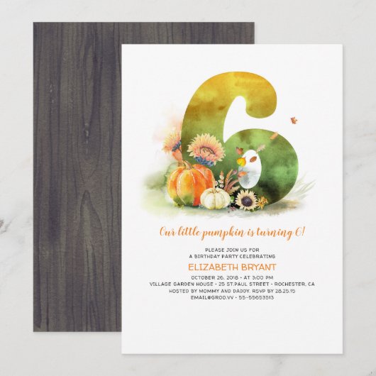 Kleine Pompoen Herfst 6e Verjaardagsfeestuitnodigi Kaart (Voorkant / Achterkant)