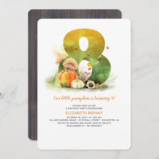 Kleine Pompoen Herfst 8e Verjaardagsfeestuitnodigi Kaart (Voorkant / Achterkant)
