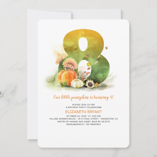 Kleine Pompoen Herfst 8e Verjaardagsfeestuitnodigi Kaart (Voorkant)
