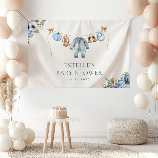 Kleine Pompoen Herfst Blauwe Bloemige Jongen Baby  Spandoek