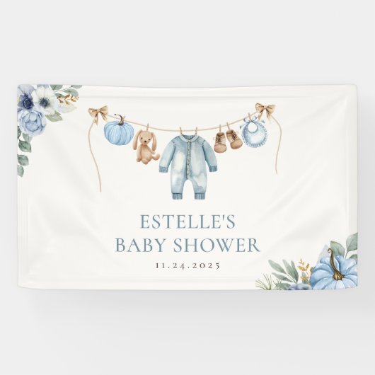 Kleine Pompoen Herfst Blauwe Bloemige Jongen Baby  Spandoek (Horizontaal)