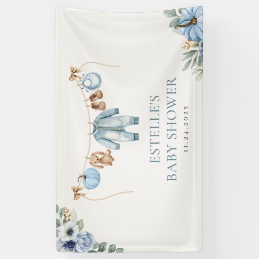 Kleine Pompoen Herfst Blauwe Bloemige Jongen Baby  Spandoek (Verticaal)