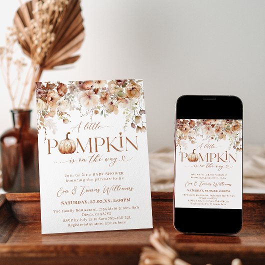 Kleine pompoen Herfst bloemenrustiek Baby shower Kaart