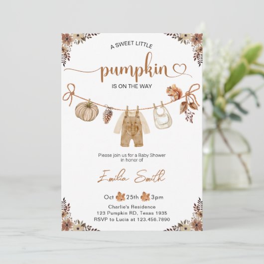 Kleine Pompoen Herfst Bloemige Jongen Baby Shower  Kaart (Staand voorkant)