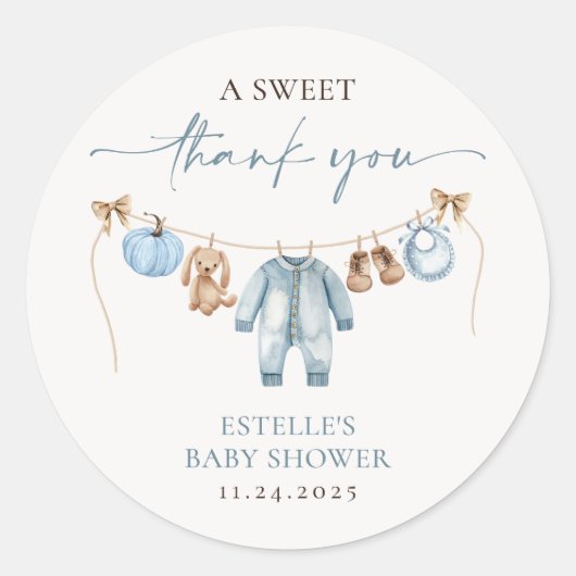 Kleine pompoen Herfst Blue Boy Baby shower gunst Ronde Sticker (Voorkant)