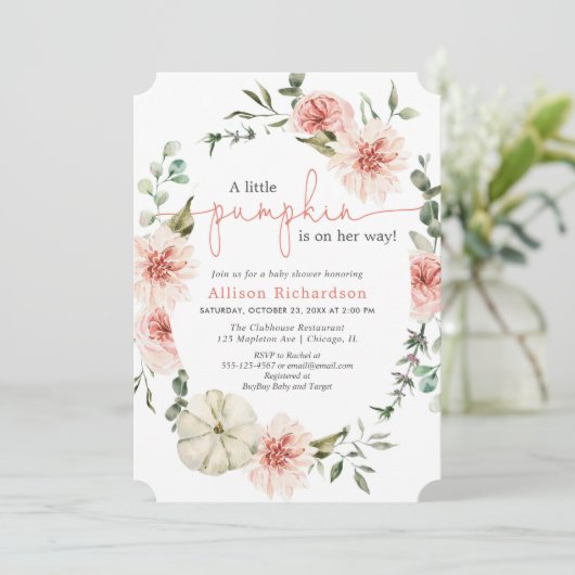 Kleine pompoen herfst blush roze bloemengroen kaart (Staand voorkant)