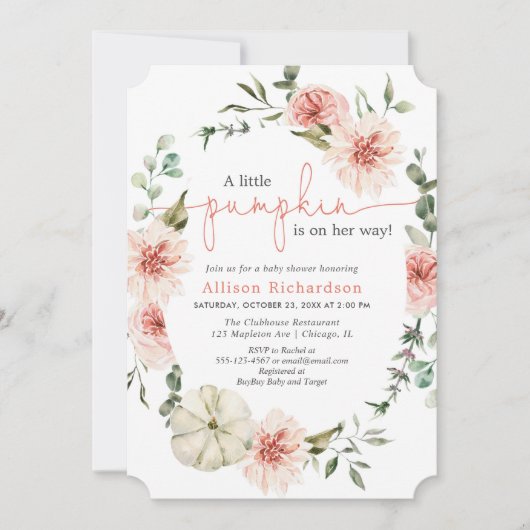 Kleine pompoen herfst blush roze bloemengroen kaart (Voorkant)