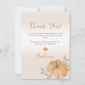 Kleine pompoen Herfst eerste 1e verjaardag Bedankkaart (Voorkant)