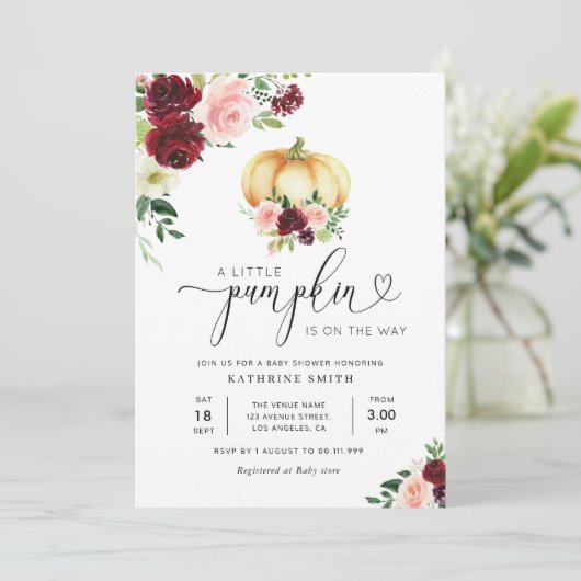 kleine pompoen herfst florale baby shower uitnodig kaart (Staand voorkant)