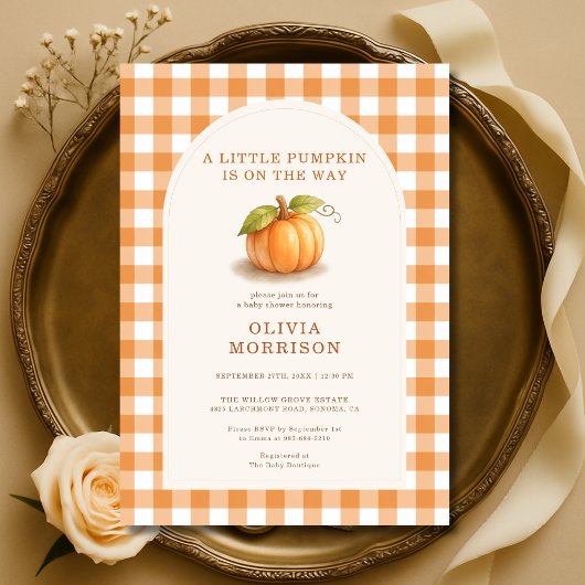 Kleine Pompoen Herfst Gingham Baby Shower Kaart