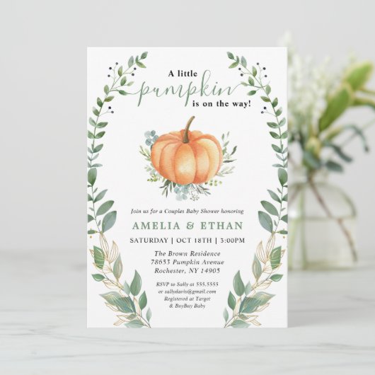 Kleine pompoen Herfst groen | Koppels Baby shower Kaart (Staand voorkant)