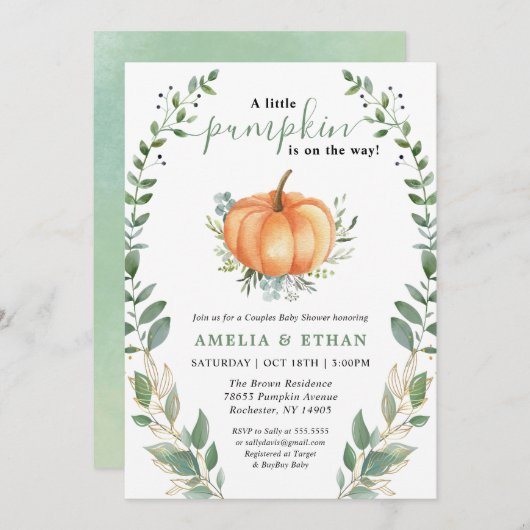 Kleine pompoen Herfst groen | Koppels Baby shower Kaart (Voorkant / Achterkant)