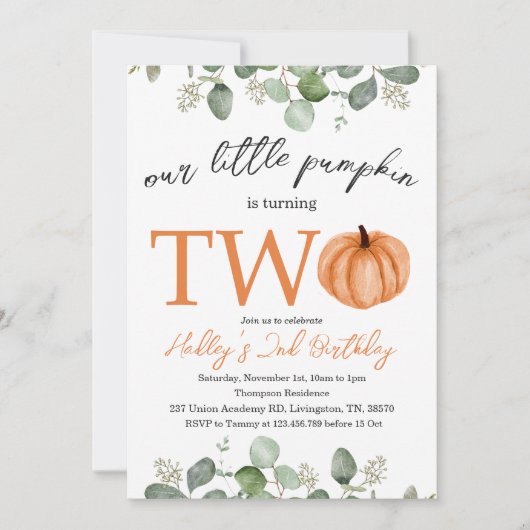 Kleine Pompoen Herfst / Herfst 2e Verjaardag Kaart (Voorkant)