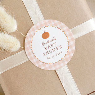 Kleine Pompoen Herfst Neutrale Gingham Baby Shower Ronde Sticker