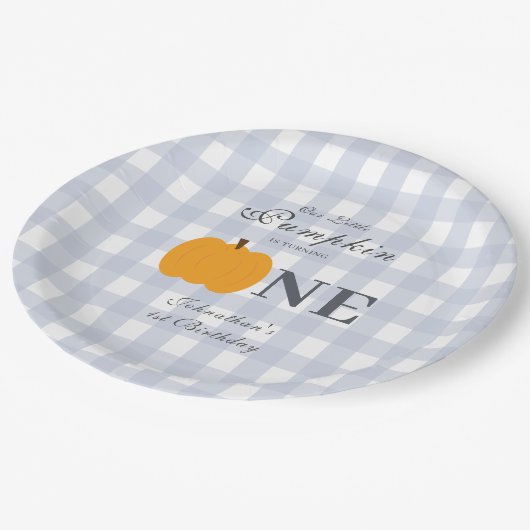 Kleine pompoen Herfst pastel blauw eerste verjaard Papieren Bordje (Gekanteld)