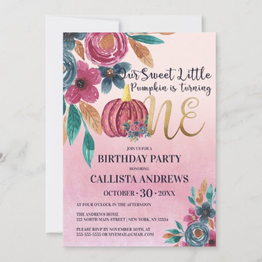 Kleine pompoen Herfst Roze Goud Bloemen 1e Verjaar Kaart (Voorkant)