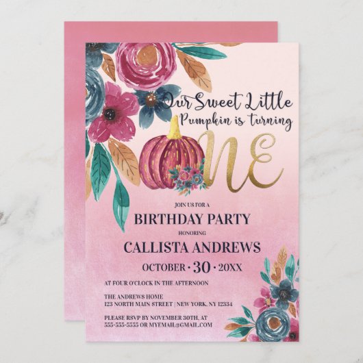 Kleine pompoen Herfst Roze Goud Bloemen 1e Verjaar Kaart (Voorkant / Achterkant)