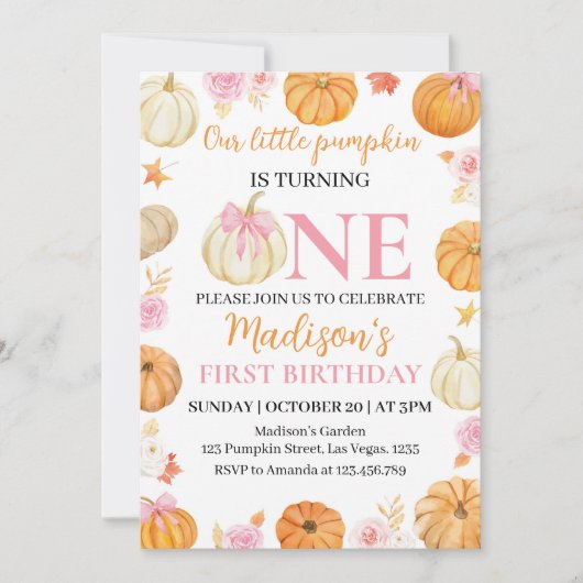 Kleine Pompoen Herfst Verjaardag Meisje 1e Verjaar Kaart (Voorkant)