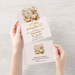 Kleine pompoen herfst waterverf florale baby showe all in one uitnodiging