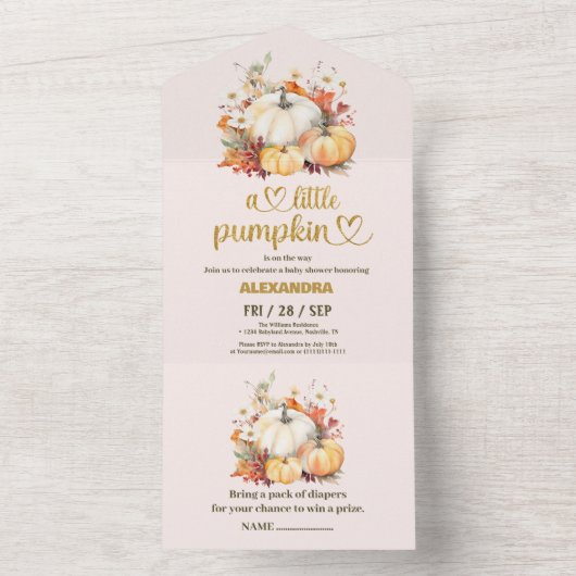 Kleine pompoen herfst waterverf florale baby showe all in one uitnodiging (Binnen)