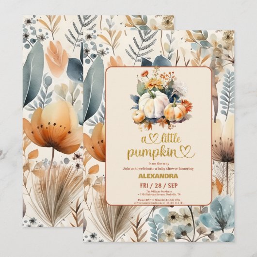 Kleine pompoen herfst waterverf florale baby showe kaart (Voorkant / Achterkant)