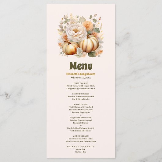 Kleine pompoen herfst waterverf florale baby showe menu (Achterkant)