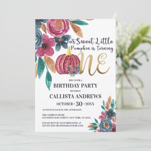 Kleine pompoen Herfst Wit Goud Bloemen 1e Verjaard Kaart (Staand voorkant)