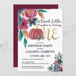 Kleine pompoen Herfst Wit Goud Bloemen 1e Verjaard Kaart