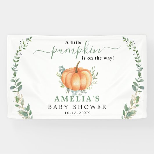 Kleine Pompoen Herfstgroen Goud Baby Shower Spandoek (Horizontaal)